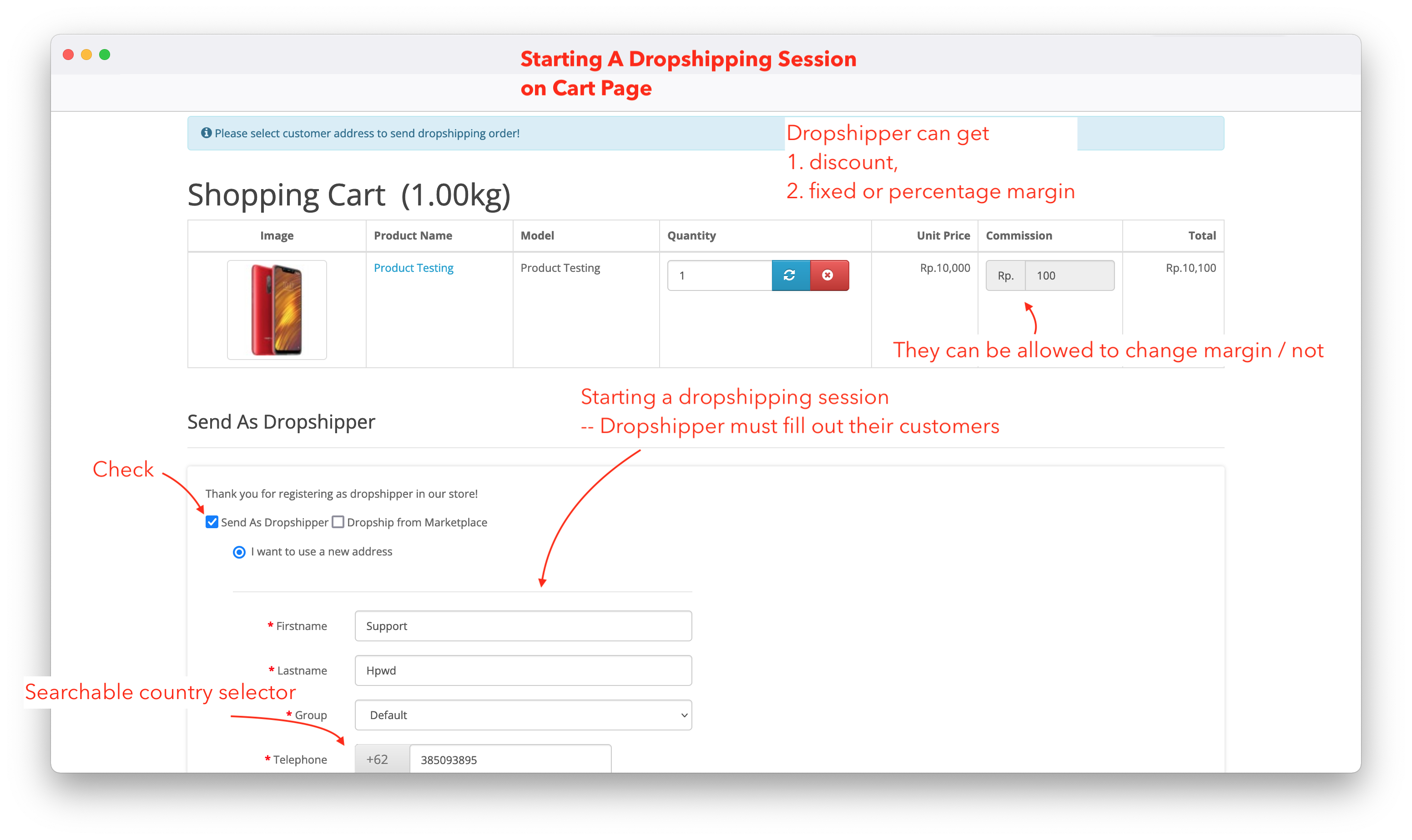 starting a dropshipping session on cart page opencart